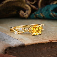 Princess Cut 1 Carat Citrine Engagement Ring Nature Inspired Twisted Infinity Leaf Ring