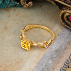 Princess Cut 1 Carat Citrine Engagement Ring Nature Inspired Twisted Infinity Leaf Ring
