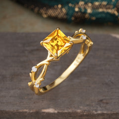 Princess Cut 1 Carat Citrine Engagement Ring Nature Inspired Twisted Infinity Leaf Ring