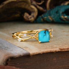 Princess Cut 1 Carat Turquoise Engagement Ring Nature Inspired Twisted Infinity Leaf Ring