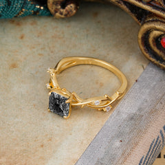 Princess Cut 1 Carat Black Rutilated Quartz Engagement Ring Nature Inspired Twisted Infinity Leaf Ring