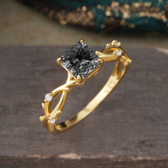Princess Cut 1 Carat Black Rutilated Quartz Engagement Ring Nature Inspired Twisted Infinity Leaf Ring