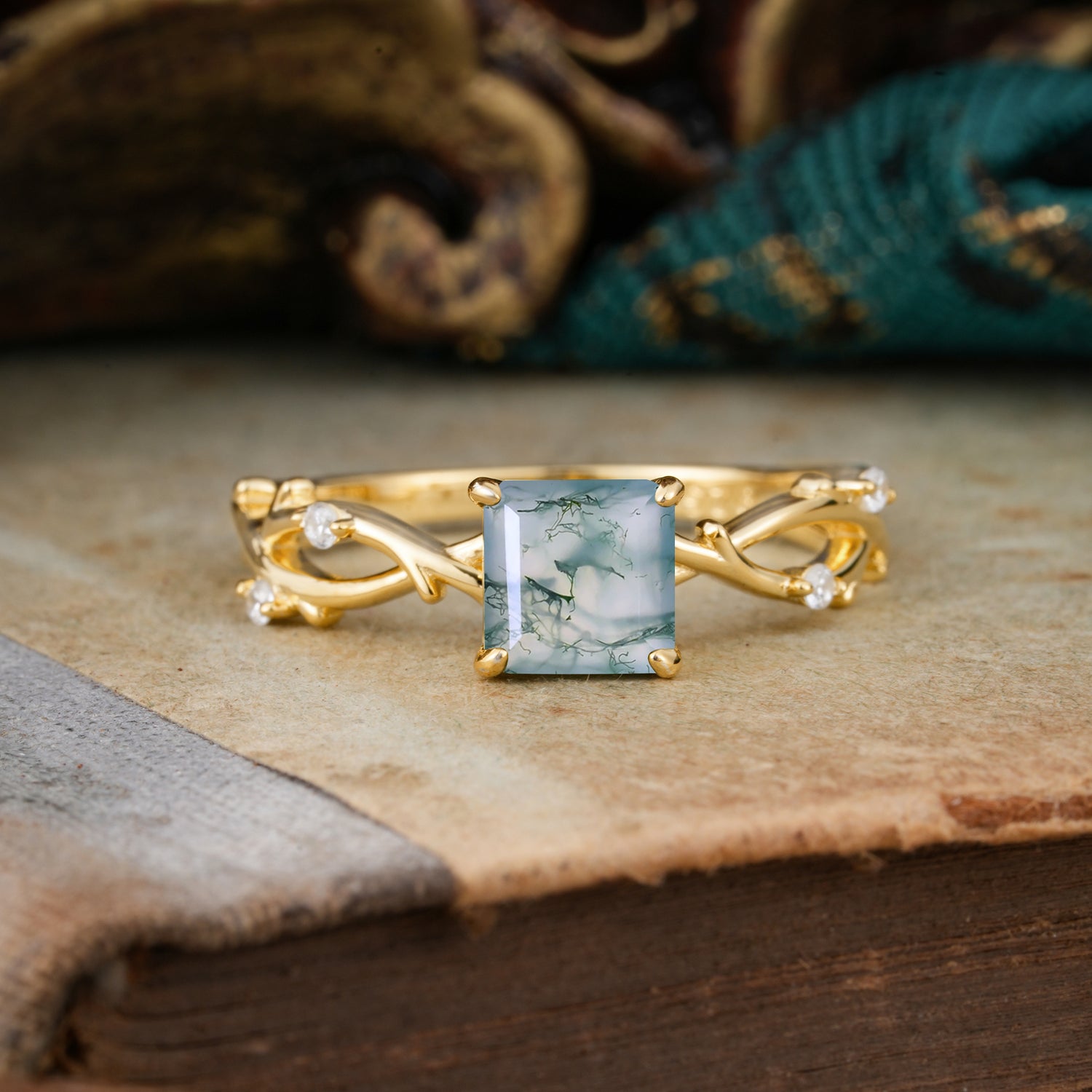 Princess Cut 1 Carat Moss Agate Engagement Ring Nature Inspired Twisted Infinity Leaf Ring