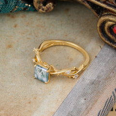 Princess Cut 1 Carat Moss Agate Engagement Ring Nature Inspired Twisted Infinity Leaf Ring