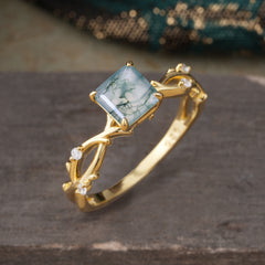 Princess Cut 1 Carat Moss Agate Engagement Ring Nature Inspired Twisted Infinity Leaf Ring