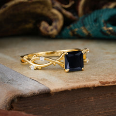 Princess Cut 1 Carat Black Onyx Engagement Ring Nature Inspired Twisted Infinity Leaf Ring
