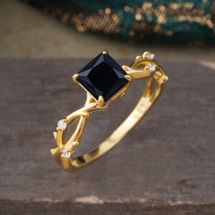 Princess Cut 1 Carat Black Onyx Engagement Ring Nature Inspired Twisted Infinity Leaf Ring