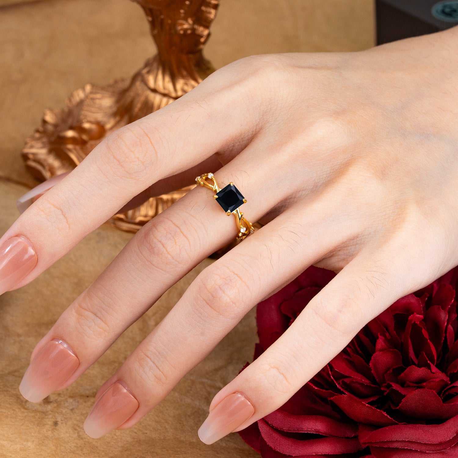 Princess Cut 1 Carat Black Onyx Engagement Ring Nature Inspired Twisted Infinity Leaf Ring