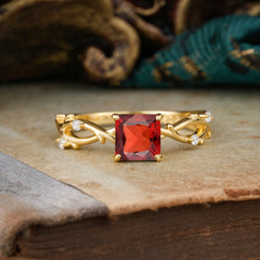 Princess Cut 1 Carat Garnet Engagement Ring Nature Inspired Twisted Infinity Leaf Ring