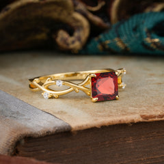 Princess Cut 1 Carat Garnet Engagement Ring Nature Inspired Twisted Infinity Leaf Ring