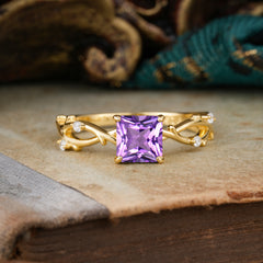 Princess Cut 1 Carat Amethyst Engagement Ring Nature Inspired Twisted Infinity Leaf Ring