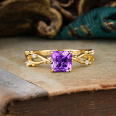 Princess Cut 1 Carat Amethyst Engagement Ring Nature Inspired Twisted Infinity Leaf Ring