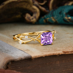 Princess Cut 1 Carat Amethyst Engagement Ring Nature Inspired Twisted Infinity Leaf Ring