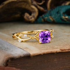 Princess Cut 1 Carat Amethyst Engagement Ring Nature Inspired Twisted Infinity Leaf Ring