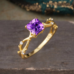 Princess Cut 1 Carat Amethyst Engagement Ring Nature Inspired Twisted Infinity Leaf Ring
