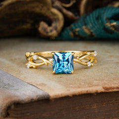 Princess Cut 1 Carat Aquamarine Engagement Ring Nature Inspired Twisted Infinity Leaf Ring