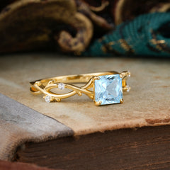 Princess Cut 1 Carat Aquamarine Engagement Ring Nature Inspired Twisted Infinity Leaf Ring