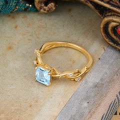 Princess Cut 1 Carat Aquamarine Engagement Ring Nature Inspired Twisted Infinity Leaf Ring