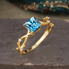 Princess Cut 1 Carat Aquamarine Engagement Ring Nature Inspired Twisted Infinity Leaf Ring