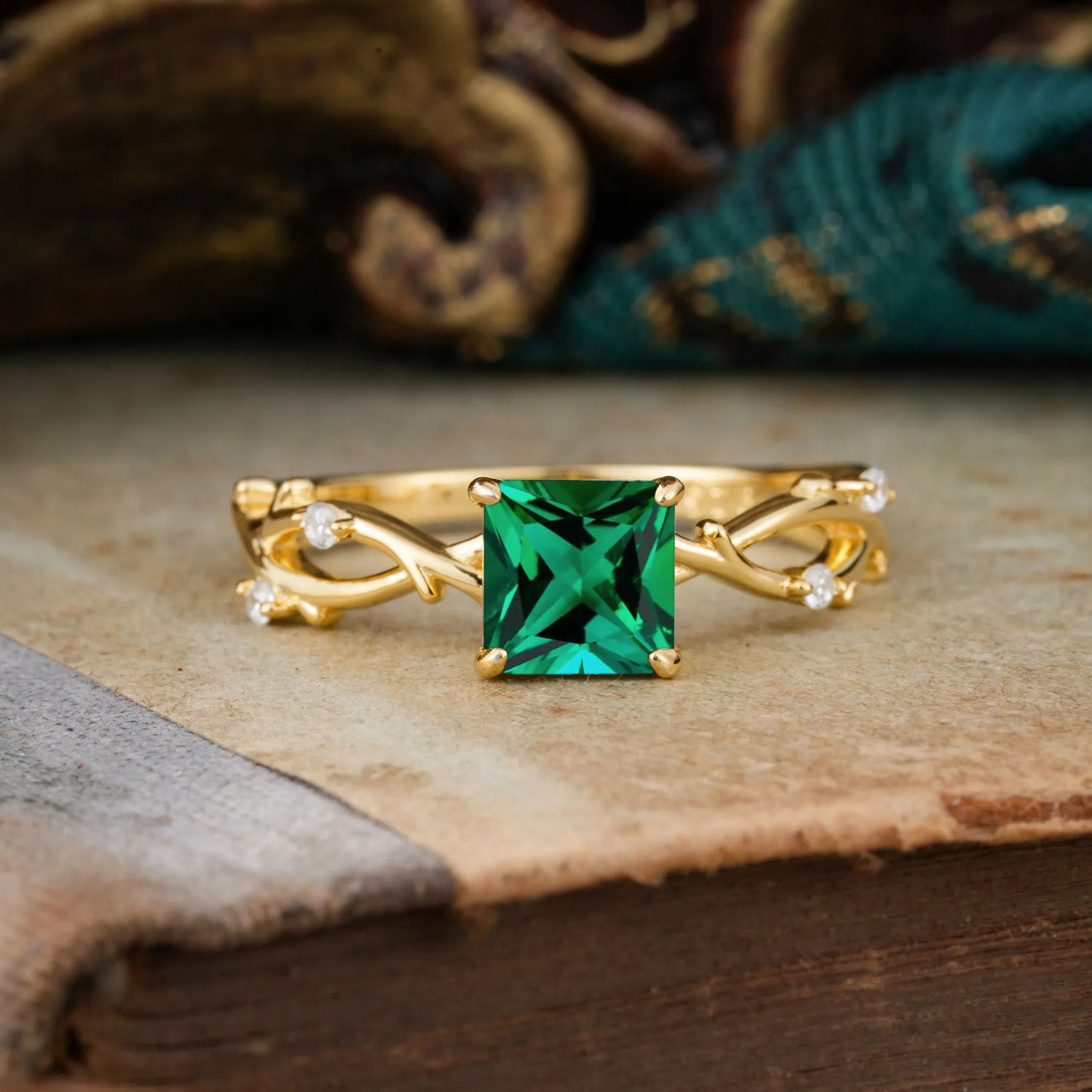 Princess Cut 1 Carat Emerald Engagement Ring Nature Inspired Twisted Infinity Leaf Ring