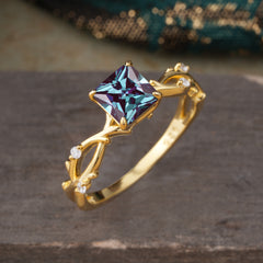 Princess Cut 1 Carat Alexandrite Engagement Ring Nature Inspired Twisted Infinity Leaf Ring