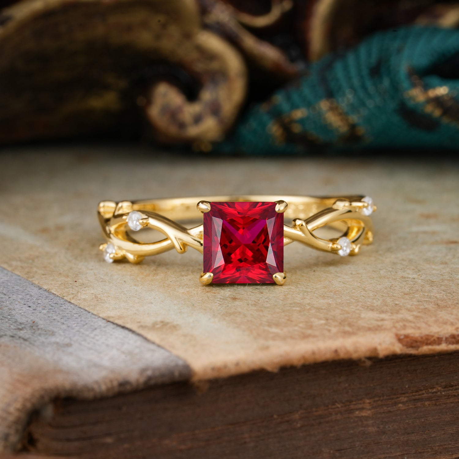 Princess Cut 1 Carat Ruby Engagement Ring Nature Inspired Twisted Infinity Leaf Ring