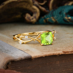 Princess Cut 1 Carat Peridot Engagement Ring Nature Inspired Twisted Infinity Leaf Ring