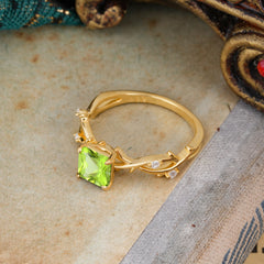 Princess Cut 1 Carat Peridot Engagement Ring Nature Inspired Twisted Infinity Leaf Ring