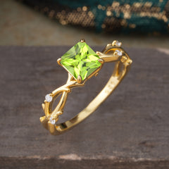 Princess Cut 1 Carat Peridot Engagement Ring Nature Inspired Twisted Infinity Leaf Ring
