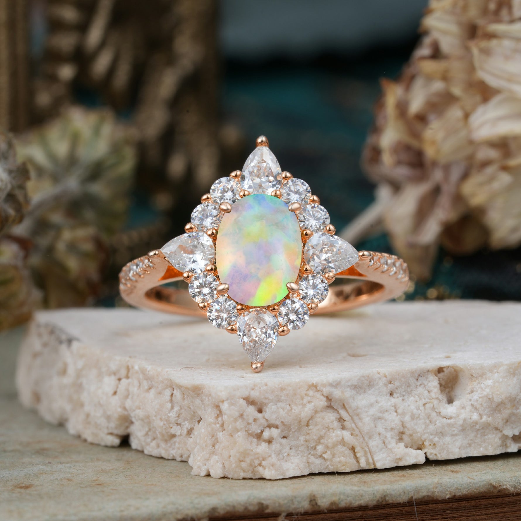 Luxury Oval Cut Halo Pavé Fire Opal Engagement Ring - Additional view