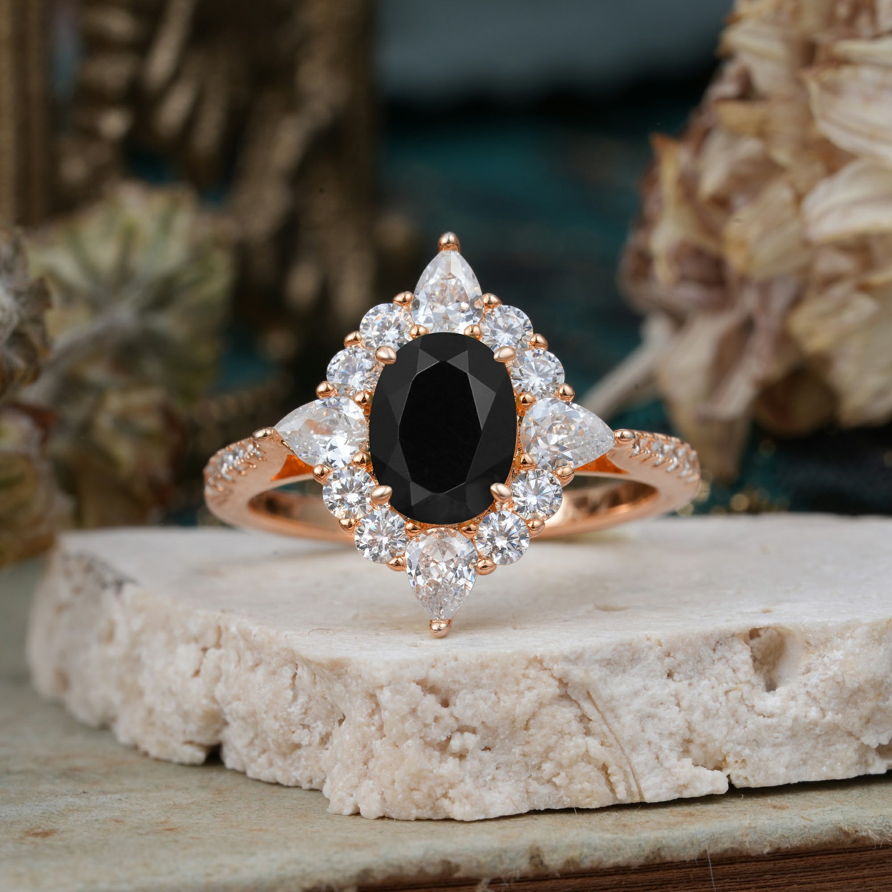 Luxury Oval Cut Halo Pavé Black Onyx Engagement Ring - Additional view