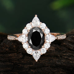 1.5CT Oval Cut Black Onyx Classic Side Stone Engagement Ring Unique Halo Bridal Ring