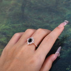 1.5CT Oval Cut Black Onyx Classic Side Stone Engagement Ring Unique Halo Bridal Ring