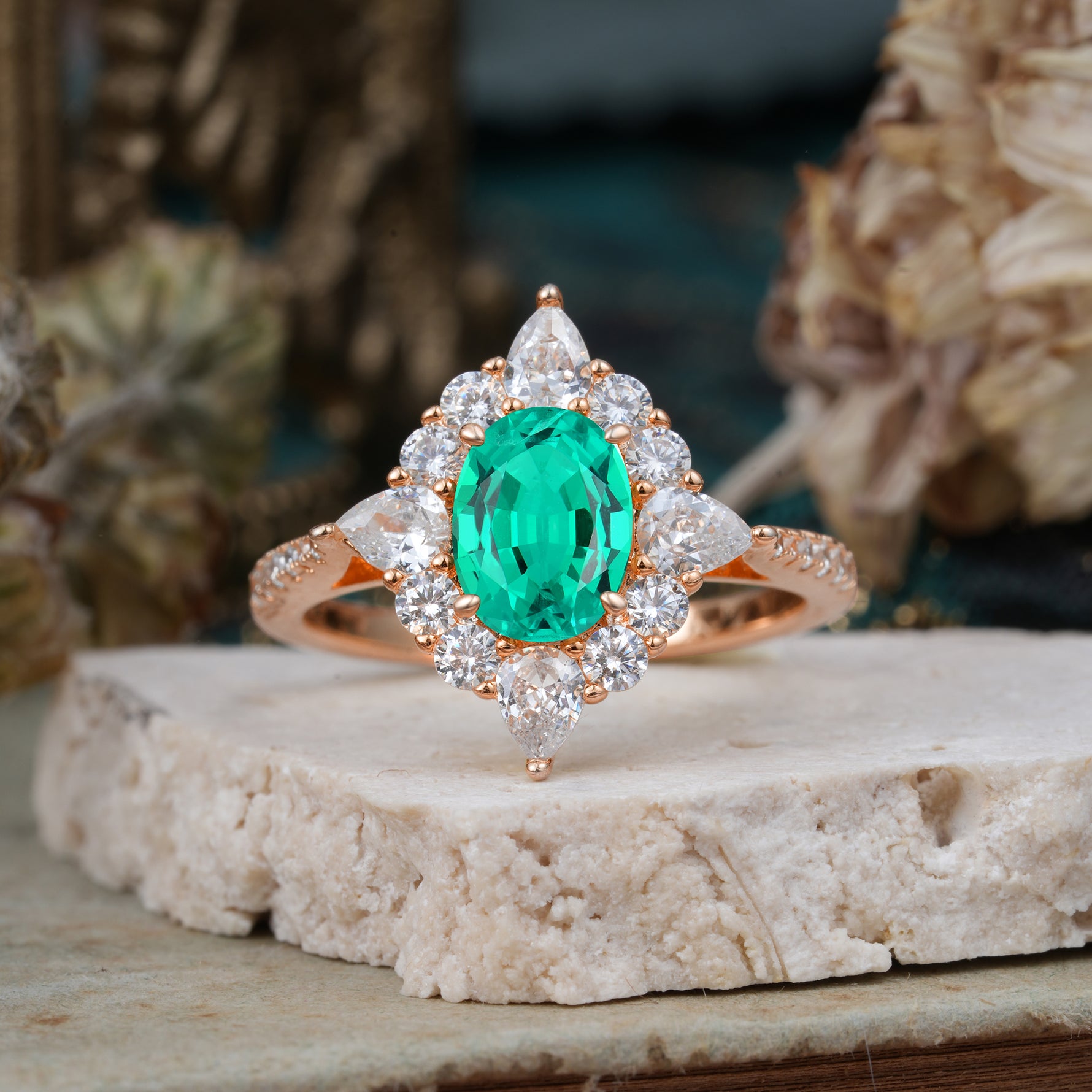 Luxury Oval Cut Halo Pavé Emerald Engagement Ring - Additional view