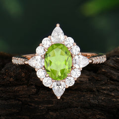 1.5CT Oval Cut Peridot Classic Side Stone Engagement Ring Unique Halo Bridal Ring