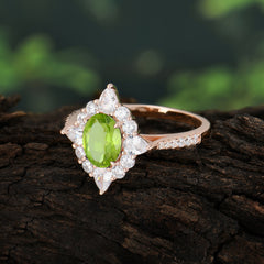 1.5CT Oval Cut Peridot Classic Side Stone Engagement Ring Unique Halo Bridal Ring