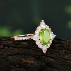 1.5CT Oval Cut Peridot Classic Side Stone Engagement Ring Unique Halo Bridal Ring