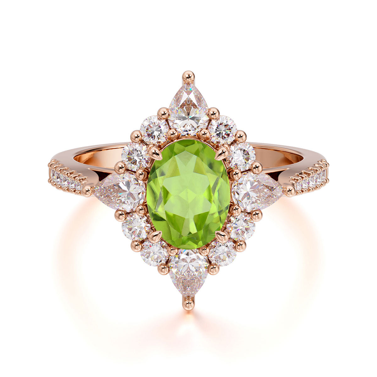1.5CT Oval Cut Peridot Classic Side Stone Engagement Ring Unique Halo Bridal Ring