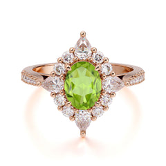 1.5CT Oval Cut Peridot Classic Side Stone Engagement Ring Unique Halo Bridal Ring