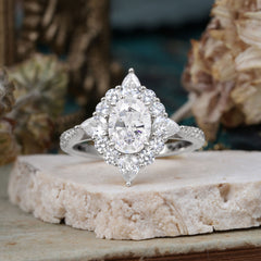 1.5CT Oval Cut Moissanite Classic Side Stone Engagement Ring Unique Halo Bridal Ring