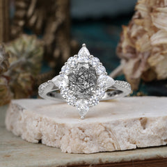 1.5CT Oval Cut Black Rutilated Quartz Classic Side Stone 4 Prong Engagement Ring Unique Halo Bridal Ring
