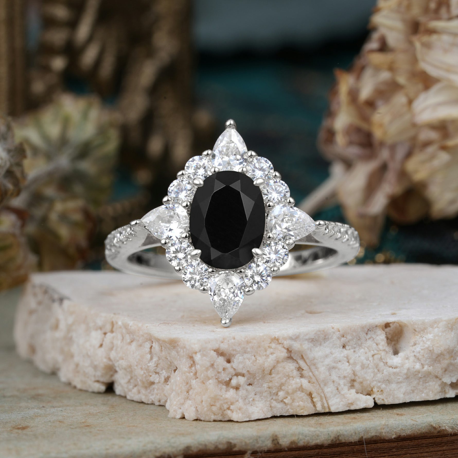 Luxury Oval Cut Halo Pavé Black Onyx Engagement Ring - Additional view