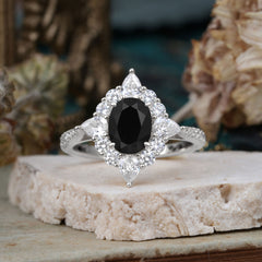 1.5CT Oval Cut Black Onyx Classic Side Stone Engagement Ring Unique Halo Bridal Ring