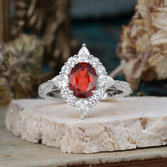 1.5CT Oval Cut Garnet Classic Side Stone 4 Prong Engagement Ring Unique Halo Bridal Ring