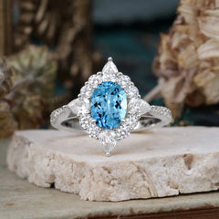 1.5CT Oval Cut Aquamarinee Classic Side Stone Engagement Ring Unique Halo Bridal Ring