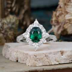 1.5CT Oval Cut  Emerald Classic Side Stone 4 Prong Engagement Ring Unique Halo Bridal Ring