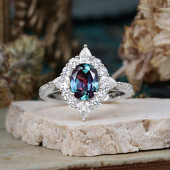 1.5CT Oval Cut Alexandrite Classic Side Stone 4 Prong Engagement Ring Unique Halo Bridal Ring