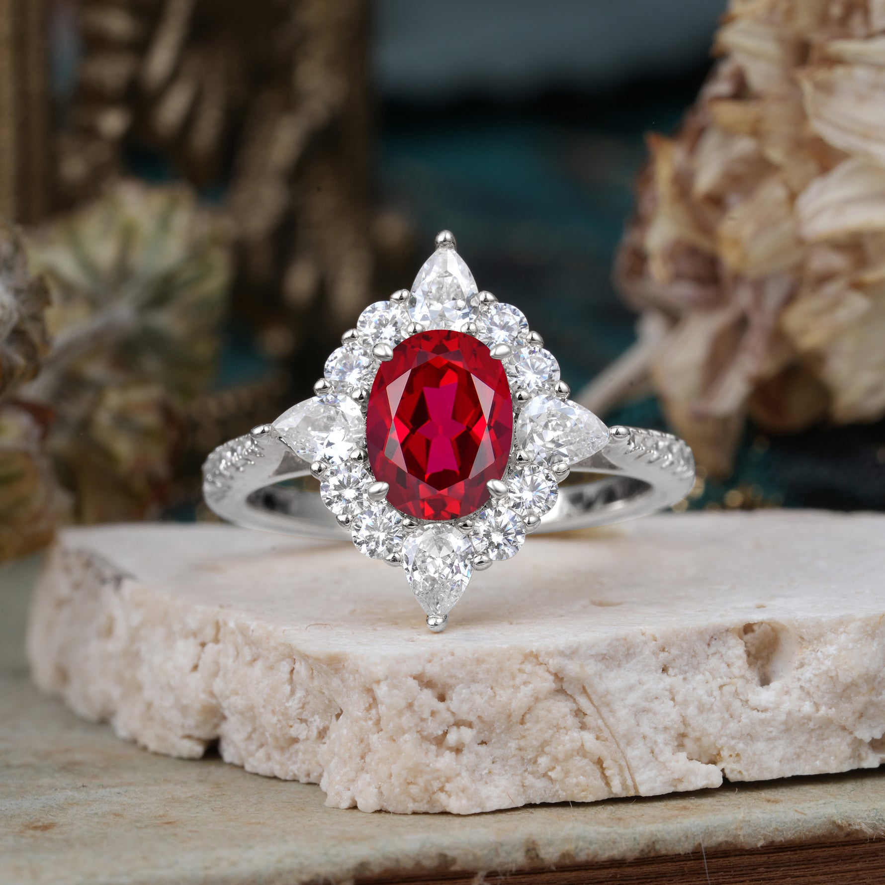 Luxury Oval Cut Halo Pavé Ruby Engagement Ring - Additional view