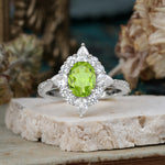 Luxury Oval Cut Halo Pavé Peridot Engagement Ring - Additional view