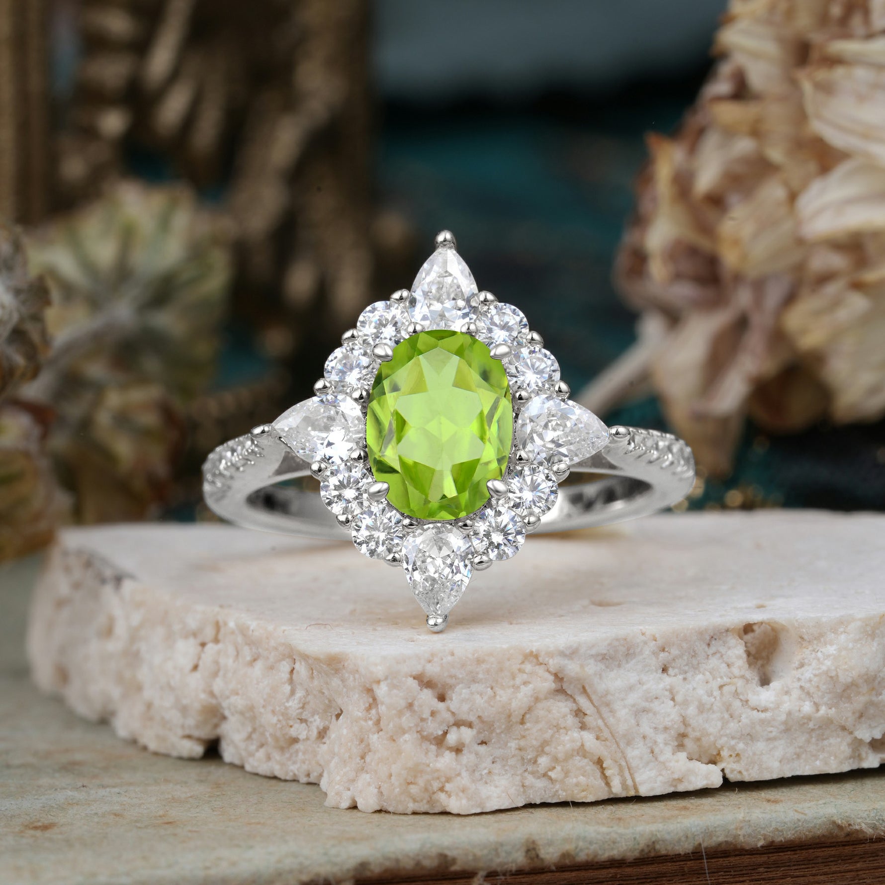 Luxury Oval Cut Halo Pavé Peridot Engagement Ring - Additional view